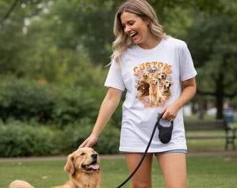 Personalisiertes T-Shirt mit mehreren Haustieren, Haustier-Collage-T-Shirt, Retro-Shirt mit Hunde- und Katzenporträt, Individuelles Erinnerungsgeschenk für mehrere Haustiere