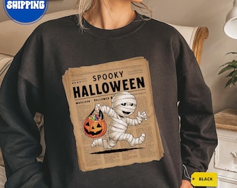 Halloween-Sweatshirt, niedlicher Mumien-Rundhalsausschnitt, Vintage-Kürbis-Motiv, Grusel-Kleidung, Herbstpullover-Geschenk für Sie, Süßes-oder-Saures-Shirt