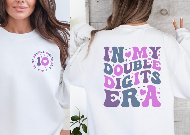 a woman wearing a white sweatshirt that says in my double digits era