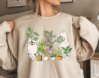 T-Shirt mit Geisterpflanze, Botanisches Halloween-Sweatshirt, Gruseliger Gartenpullover, Lustiger Herbstpullover, Süßes Geschenk für Zimmerpflanzen, T-Shirt für Hexen-Pflanzenliebhaberinnen