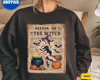 Halloween-Sweatshirt, Vintage-Hexenkessel-Motiv, Hexen-Hoodie, Gruseliges Herbst-Outfit, Kürbis-Fledermaus-Illustration, Gemütliches Unisex-Herbst-Top