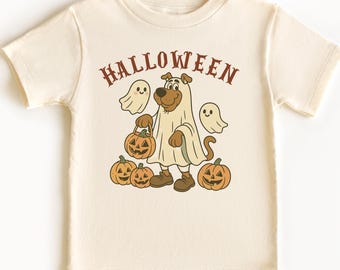 Geisterwelpen-Shirt, personalisiertes Kleinkind-T-Shirt, Retro-Halloween-Outfit, gruselige Hundeliebhaber-Kleidung, Kürbis-Kinderkleidung, Süßes oder Saures