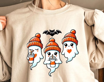 Kaffeegeist-Shirt, Kürbis-Latte-Shirt für den Herbst, Grusel-Kleidung, süßes Halloween-Shirt mit Grafik, Geschenk für Kaffeeliebhaber, lustiges Geister-Herbsttop