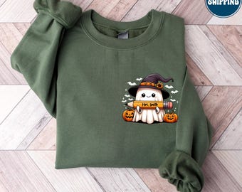 Individuelles Lehrer-Shirt, süßes Geistermotiv, personalisierte Halloween-Kleidung, gruseliges Herbstgeschenk für Pädagogen, Herbstliches Klassenzimmer-Outfit, Lehrer-T-Shirt