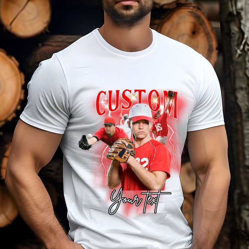 a man with a baseball glove wearing a custom shirt