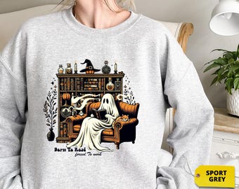 Geisterleser-Shirt, Gruselbuch-Sweatshirt, Hexen-Geisterpullover, Herbstgeschenk für Bibliothekare, Lesegeist-Top, Gemütliche Halloween-Kleidung, Leser