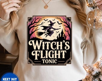 Hexenflug-T-Shirt, Kapuzenpullover mit Flugmotiv, Sweatshirt mit Mondlichtschloss-Motiv, Unisex-Herbst-Rundhalsausschnitt, gemütliches Halloween-Geschenk, Grafik mit kahlen Bäumen