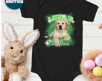 Pet Photo Onesie, Custom Dog Baby Bodysuit, Personalized Newborn Announcement Gift, Pet Lover Shower Keepsake, Puppy Outfit For Baby