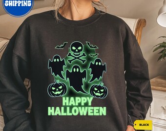 Leuchtendes Halloween-T-Shirt, Neon-Geister-Shirt, Retro-Horror-Top, Leuchtender Nacht-Print, Fledermaus-Kürbis-Grafik, Gruselige Partykleidung, Geschenk für Gruselfans