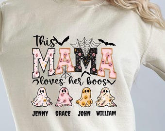Halloween-Mama-Sweatshirt, personalisierte Geister-Kindernamen, Halloween-Mama-Shirt mit Grusel-Herbstmotiv, süßes Geister-Kleidungsstück als Geschenk