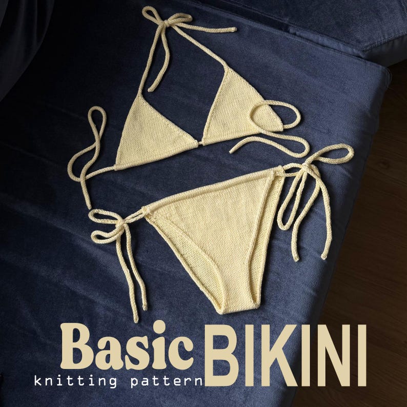 May include: A light yellow knitted bikini set with tie closures, displayed on a dark blue surface. The bikini top is triangular, and the bottoms are a classic cut. The text "Basic BIKINI knitting pattern" is visible in the image.