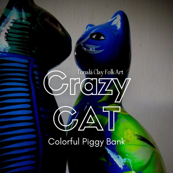 Colorful Cat Piggy Bank, Tonalá Clay Folk Art From Baja With Love