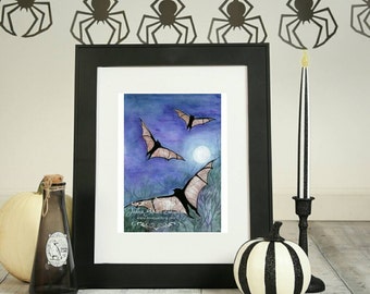 Black Bat Art - Full Moon Art Print - Bats Painting - Bat Print -Flying Bats Print - Watercolor Bats Print - Halloween Art