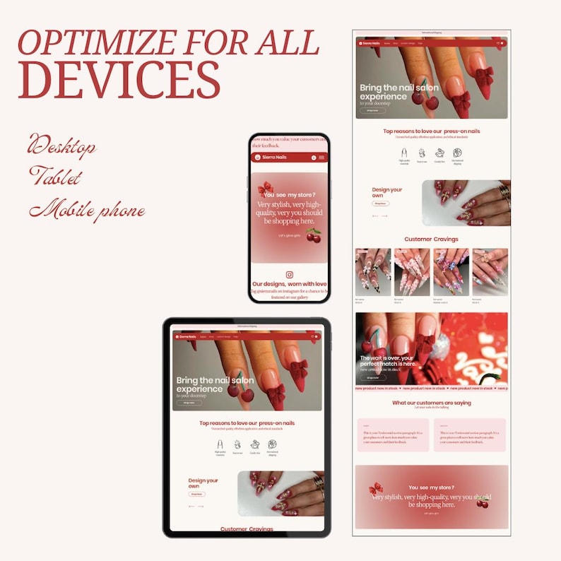May include: A website screenshot showing a mobile phone, tablet, and desktop version of a website for a nail salon. The website features images of press-on nails, a call to action to design your own nails, and customer reviews. The website is optimized for all devices.