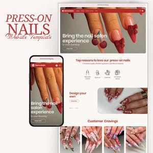 Peut inclure: Modèle de site web pour une entreprise de vente de faux ongles appelée Sierra Nails. Le site web présente une photo d'une main avec des faux ongles rouges et dorés, un slogan "Apportez l'expérience du salon de manucure à votre porte", et une section mettant en avant les avantages de leurs faux ongles.