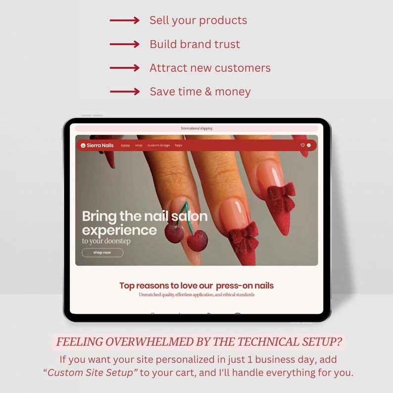 May include: A website screenshot for a business selling press-on nails. The website features a photo of red press-on nails with a cherry design. The text on the website reads "Bring the nail salon experience to your doorstep." and "Top reasons to love our press-on nails".