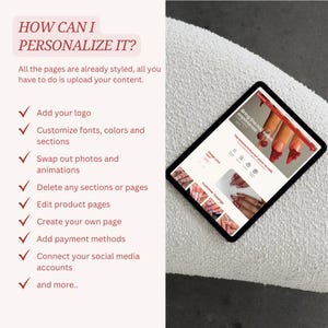 May include: A tablet displaying a website for a nail salon. The website features a red and white color scheme and the text "Bring the nail salon experience".