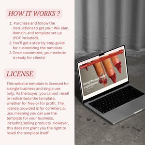May include: A laptop computer displaying a website for a nail salon. The website features a photo of a hand with colorful nail art and the text "Bring the nail salon experience". The laptop is on a gray surface.