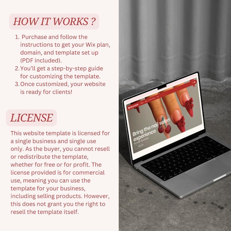 May include: A laptop computer displaying a website for a nail salon. The website features a photo of a hand with colorful nail art and the text "Bring the nail salon experience". The laptop is on a gray surface.
