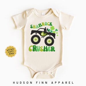 Boys Monster Truck St Patricks Day Baby Onesie®, Shamrock Crusher Saint Patty&#39;s Bodysuit, Baby Boys Shamrock Irish Onesie®, Infant, Newborn