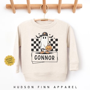 Custom Boys Halloween Sweatshirt, Personalized Name Checkered Ghost Toddler Crewneck, Boys Halloween Outfit, Boys Custom Long Sleeve Shirt