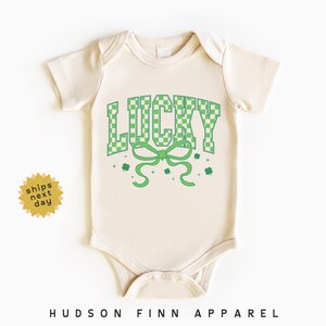 Girls Lucky Bow Baby Onesie®, Checkered St. Patricks Day Bodysuit, Girls Saint Patty&#39;s Day Onesie, Cute Green Coquette Bow, Matching Girls