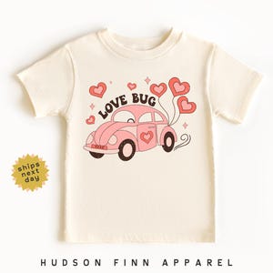 Love Bug Valentine&#39;s Day Shirt, Cute Valentines Day Girls Tee, Pink Bug and Heart Balloons T-Shirt, Cute Girls Valentine Tee, Pink Car Shirt