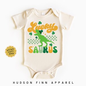 Lucky-Saurus Dinosaur Baby Onesie®, Dinosaur St. Patricks Day Baby Bodysuit, Boys Saint Patrick&#39;s Day Green Dino Onesie®, Newborn, Infant