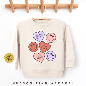 Kids Valentine&#39;s Day Sweatshirt, Conversation Hearts Toddler Sweatshirt, Valentines Day Kids Hoodie, Retro Hearts and Smile Faces, Shirt