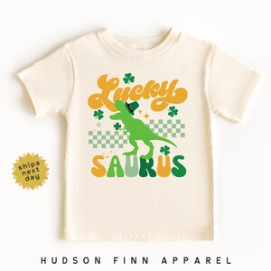 Lucky-Saurus Kids Dinosaur Shirt, Dinosaur St. Patricks Day Toddler Tee, Boys St Patrick&#39;s Day T-Shirt, Green Dino Tee, Shamrock, Checkered