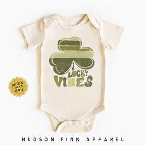 Lucky Vibes Baby Onesie®, St. Patrick&#39;s Day Baby Bodysuit, Boho Saint Pattys Day, Natural Irish Green Shamrock Onesie®, Infant, Newborn