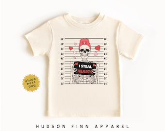 Boys Valentine's Day Shirt, I Steal Hearts Toddler Tee, Skeleton Mug Shot T-Shirt, Cute Boys Valentines Day Outfit, Funny Skeleton Beanie