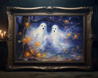 Cute Ghost Couple Oil Painting, Spooky Halloween Art (Digital Print)