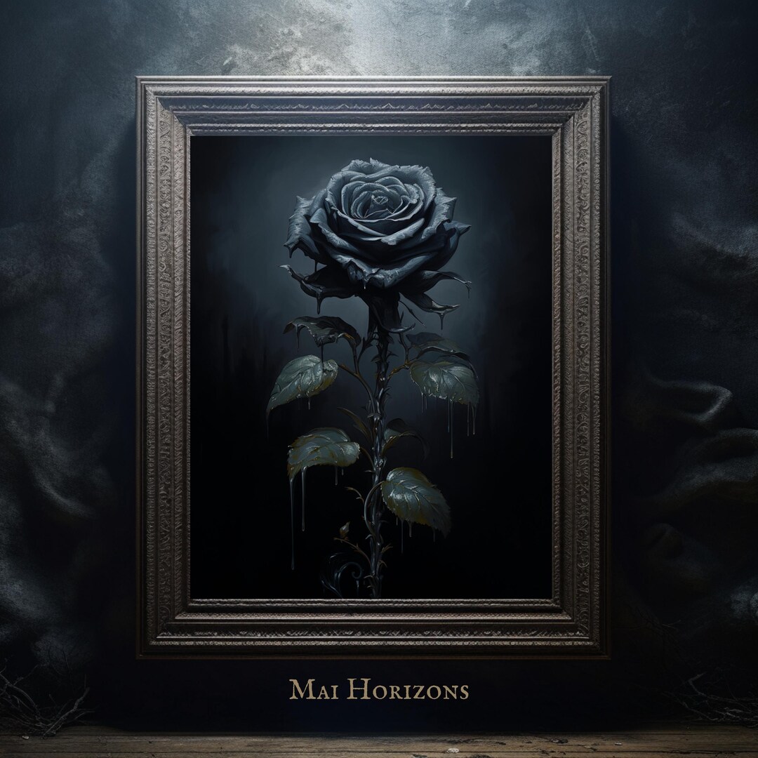Dark Rose Wall Art Digital Print, Gothic Black Rose Painting, Hallowen ...