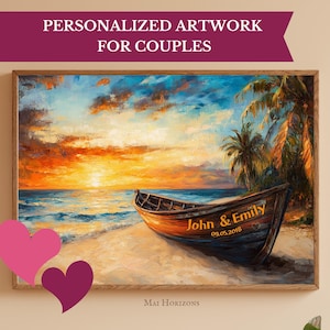 Benutzerdefiniertes Liebesboot Druck, personalisierte Namen romantische Strandlandschaft Ölgemälde, Paare Poster, einzigartiges Jahrestagsgeschenk, Valentinstagsdekor