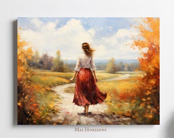 Girl in Autumn Landscape Oil Painting, Fall Wall Art, Seasonal Nature Scene Print (Digital)
