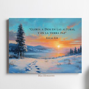 Christian Christmas Wall Art, Gloria a Dios Bible Verse in Spanish, Winter Landscape Printable