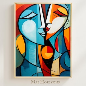 Puede incluir: Pintura abstracta de dos caras en estilo cubista. Las caras se superponen parcialmente y están pintadas en tonos de azul, naranja, rojo y amarillo.