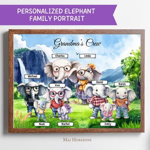 Impresión familiar personalizada, retrato familiar de elefante personalizado, decoración de pared de acuarela, regalo para la abuela, regalo artístico de collage de dibujos animados para ella