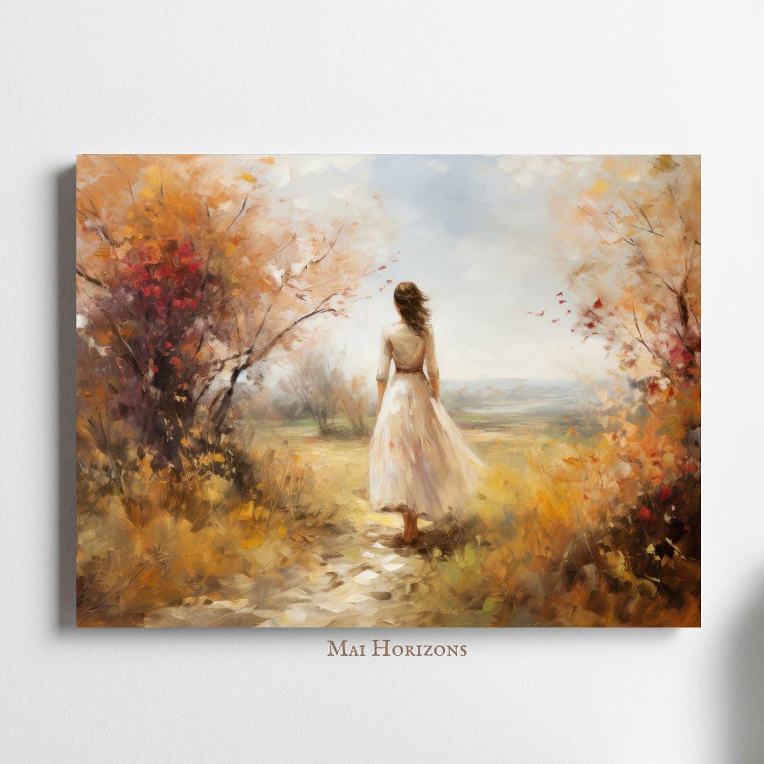 Girl in Autumn Landscape Oil Painting, Woman in White Dress Walking ...