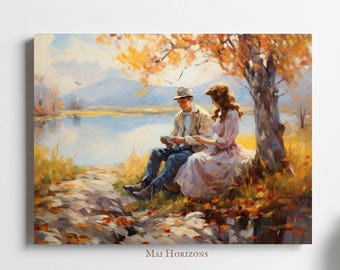 Vintage Couple in Autumn Oil Painting, Fall Landscape Art Print, Romantic Scene (Digital)