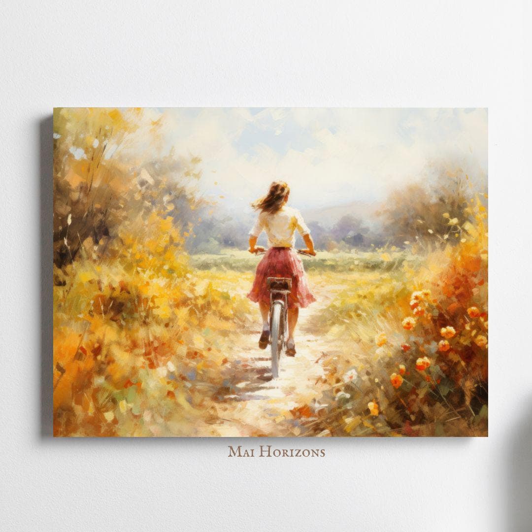 自転車に乗った少女の秋の風景油絵プリント、秋のウォールアート