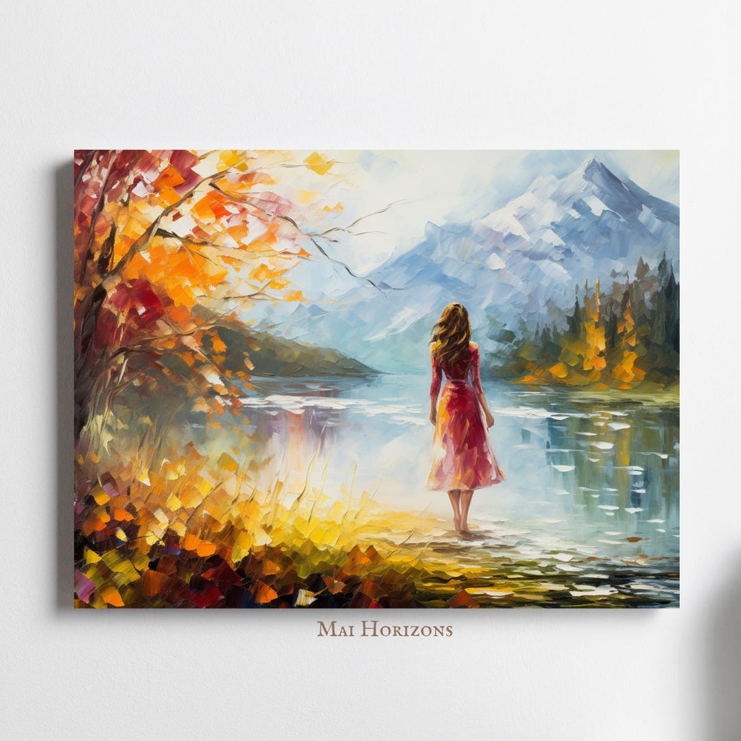 Girl by the Lake Oil Painting, Digital Print, Fall Painting, Woman in ...