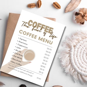 Menu de café editável minimalista e lista de café da manhã - modelo Canva elegante, estético, negócios de café, personalizado, download digital instantâneo