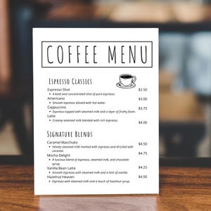 Modelo de menu de café | Cafeteria | Negócio de café | Menu de design fácil | Menu editável Canva | Design minimalista | Personalizado | Digital