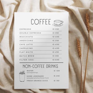 Modelo de menu de cafeteria minimalista, menu moderno de café da manhã e café, editável, limpo, minimalista, estético, negócio de cafeteria, personalizado