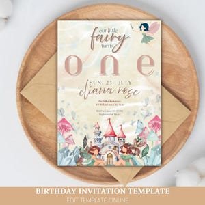 Cartão de convite de aniversário com tema de fada para meninas, editável, para impressão, convite para festa, jardim encantado, floresta mágica, asas de fada, modelo com glitter