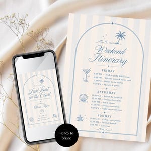 May include: A smartphone displaying a digital invitation titled Last Toast on the Coast and a printed weekend itinerary card. Both feature blue text and icons of palm trees, seashells, and cocktails on a cream and light blue vertical striped background.