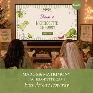 Könnte beinhalten: Ein digitaler Fernsehbildschirm zeigt ein Bachelorette Jeopardy-Spiel mit dem Titel Olivia's Bachelorette Jeopardy, das Illustrationen von Margaritas, Limetten und einer Chilischote enthält. Der Bildschirm hat einen hellen cremefarbenen Hintergrund mit grünem Text.