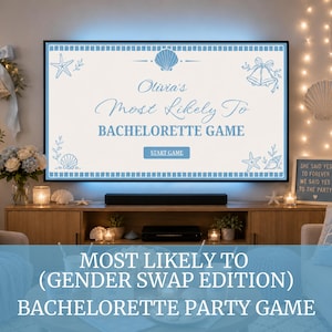 Può includere: Un televisore mostra un gioco per addio al nubilato con la scritta "Olivia's Most Likely To Bachelorette Game". Lo schermo ha bordi blu e disegni di conchiglie. La stanza è decorata con luci e fiori.